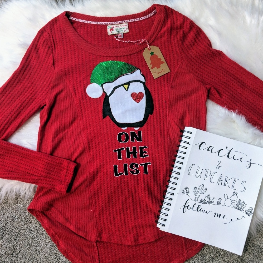 NWT Poof! | red "On The List" penguin  top